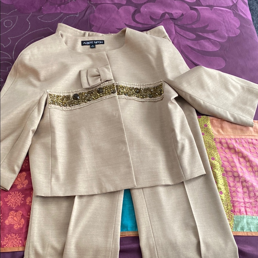 Albert Nipon Beige Suit with Sequin Detail